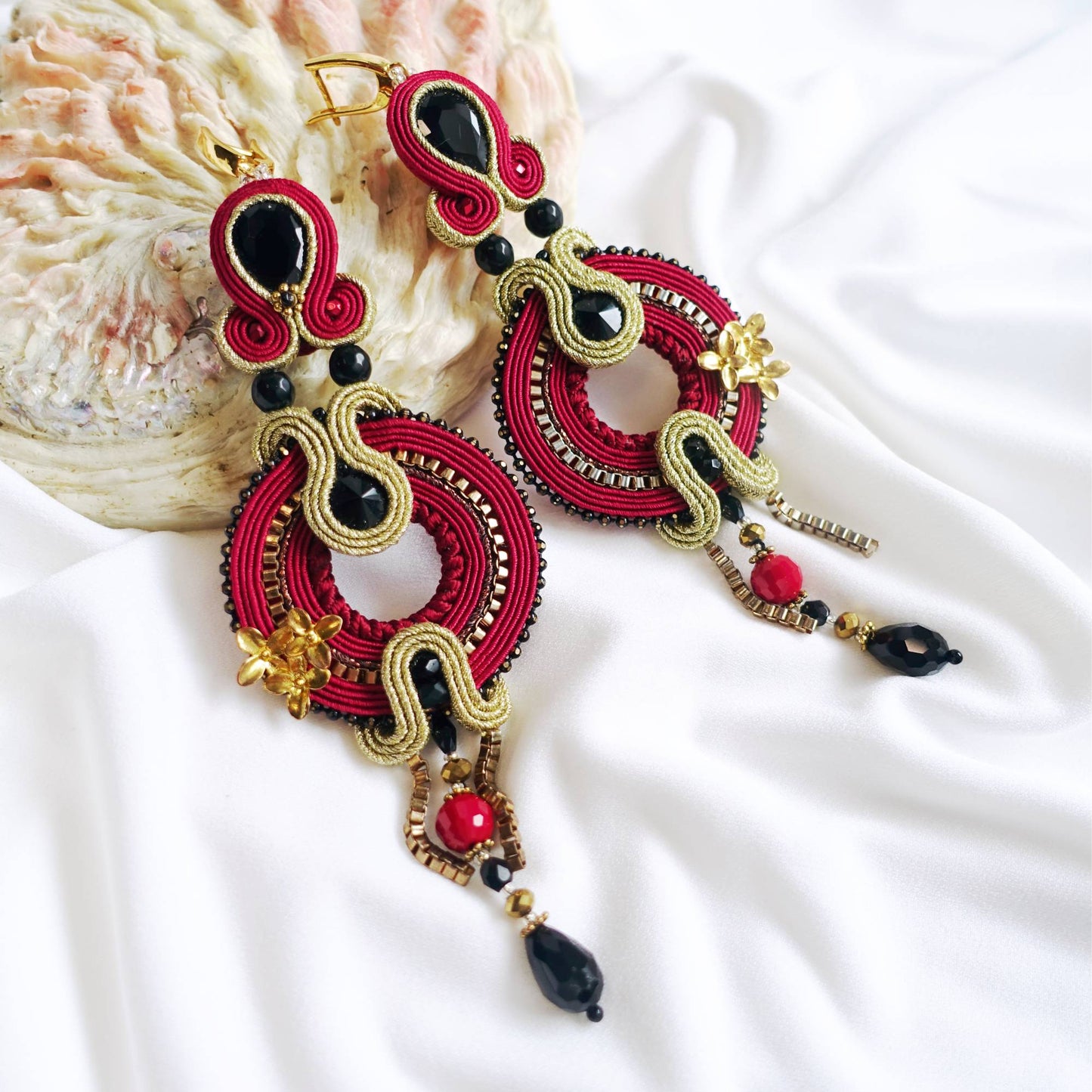 Burgundy soutache earrings, dark red hoop earrings, 301 Marshal