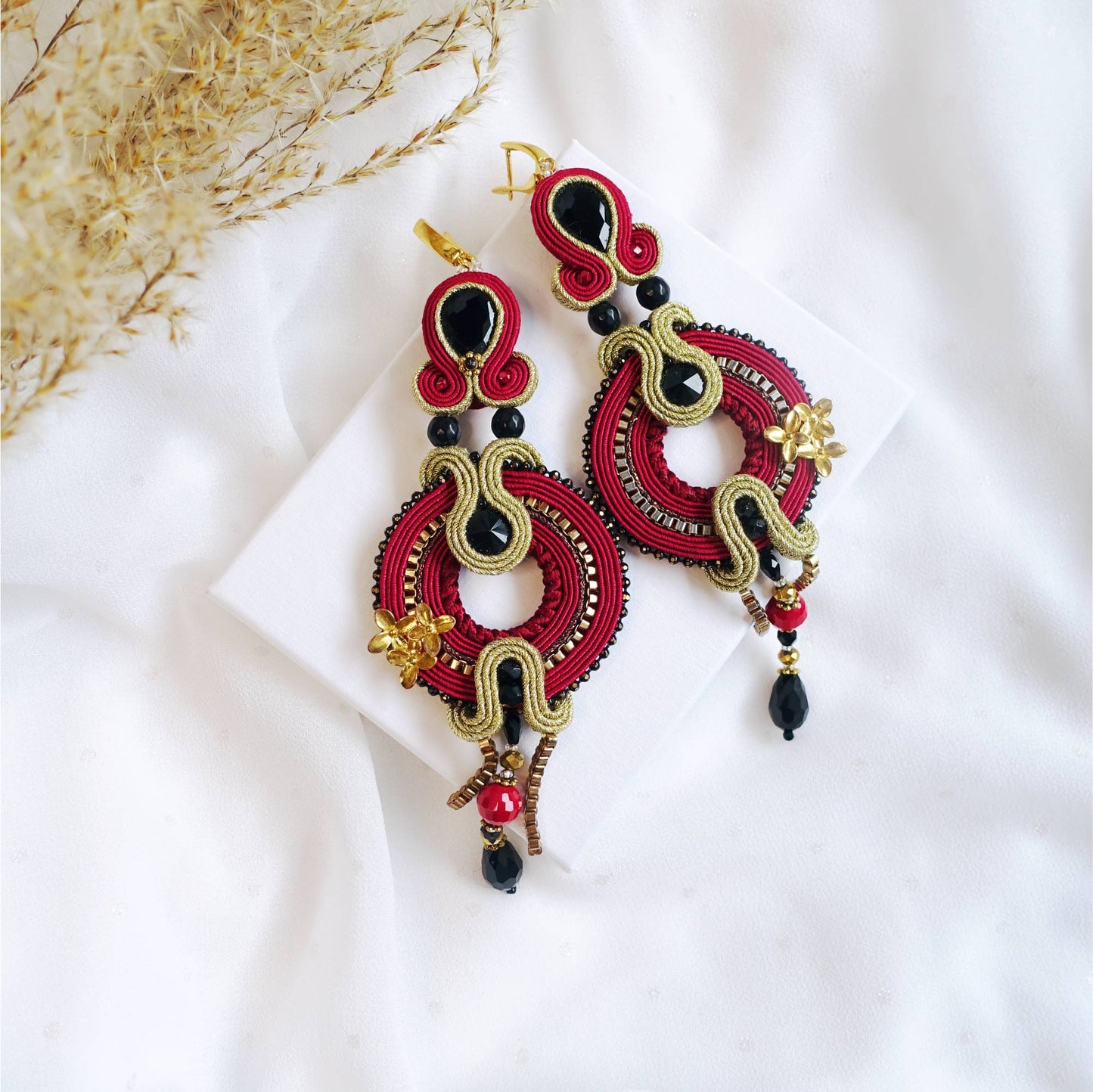 Burgundy soutache earrings, dark red hoop earrings, 301 Marshal