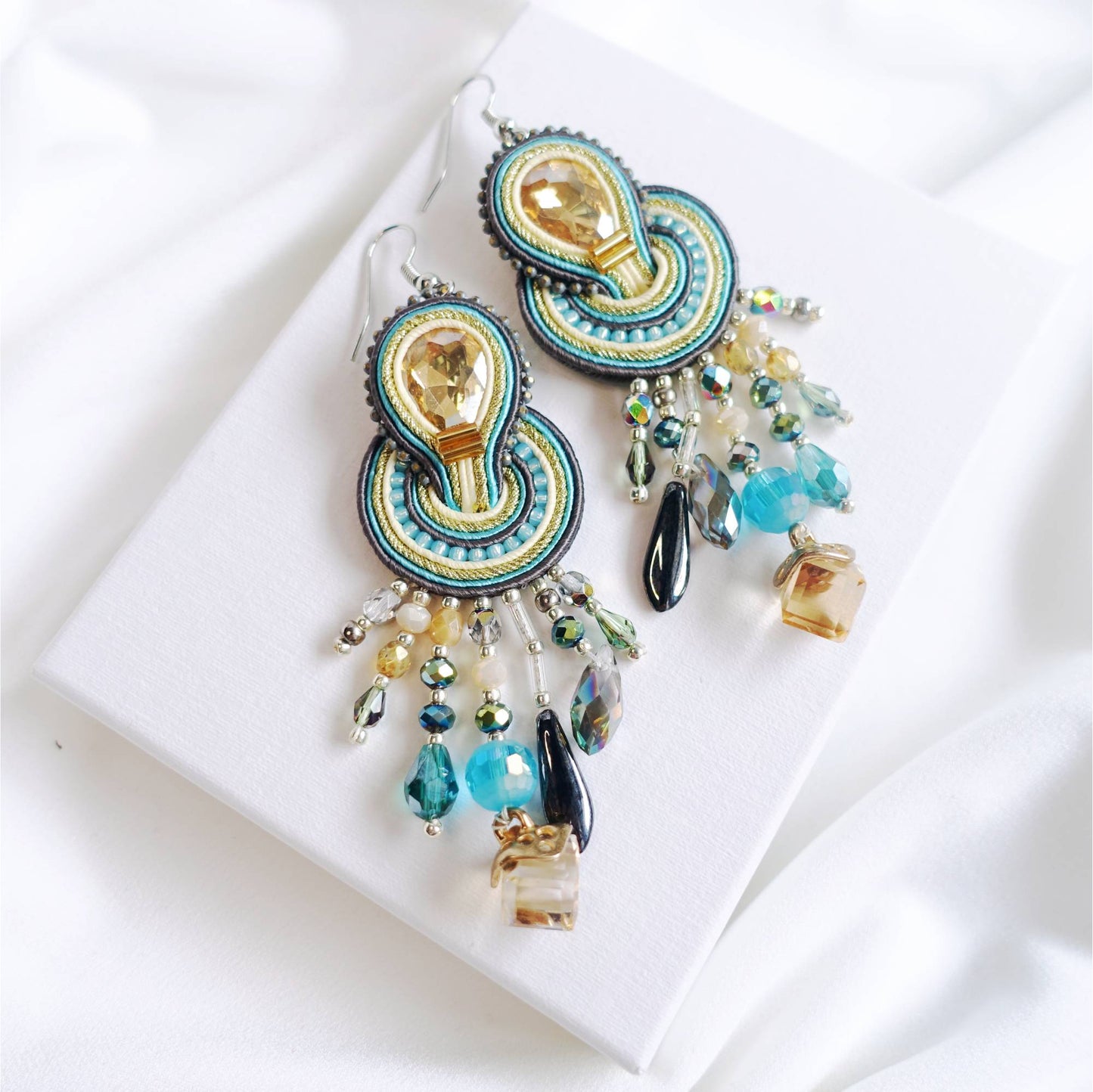 Colorful soutache earrings, turquoise yellow soutache earrings, 302 Mermaid