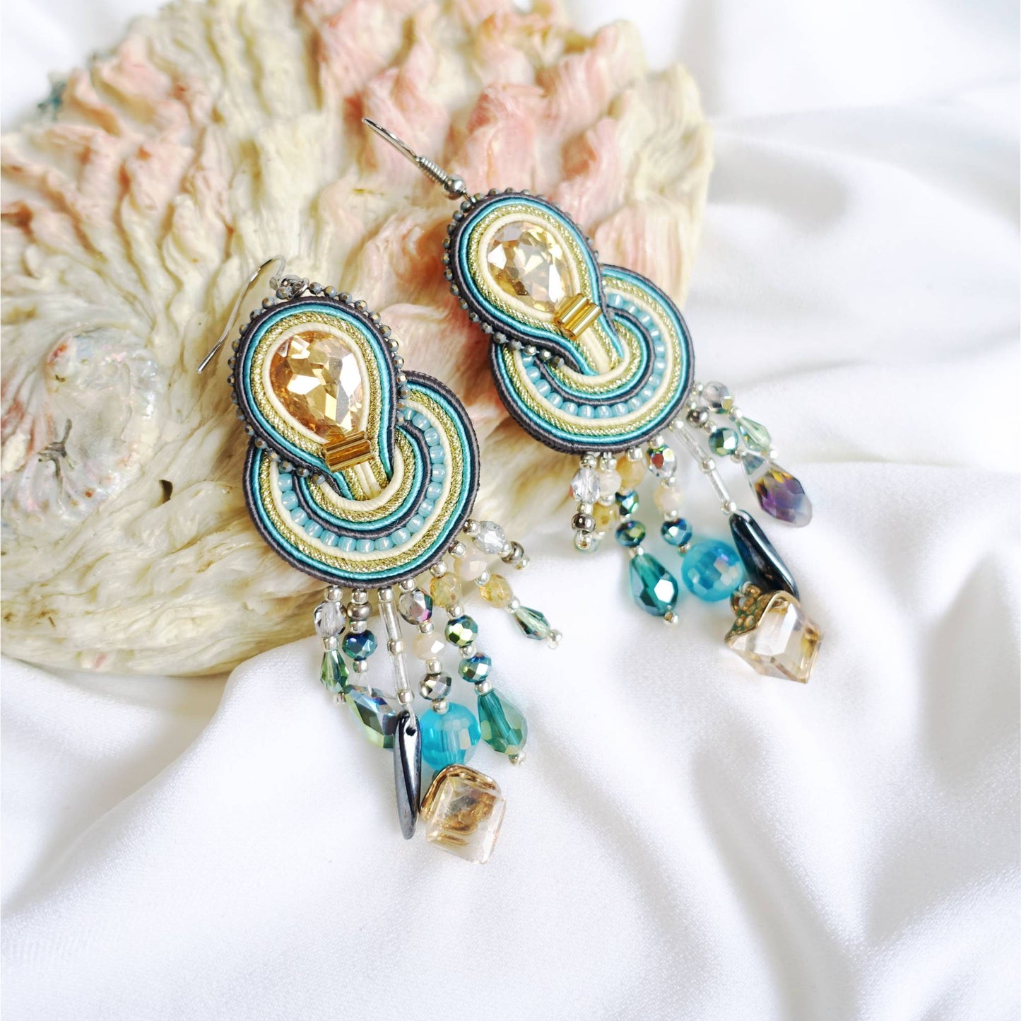 Colorful soutache earrings, turquoise yellow soutache earrings, 302 Mermaid