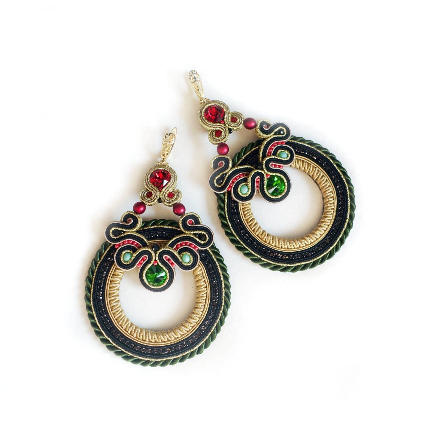 Folk Ethno earrings soutache large hoops with crystals, 134 Polka