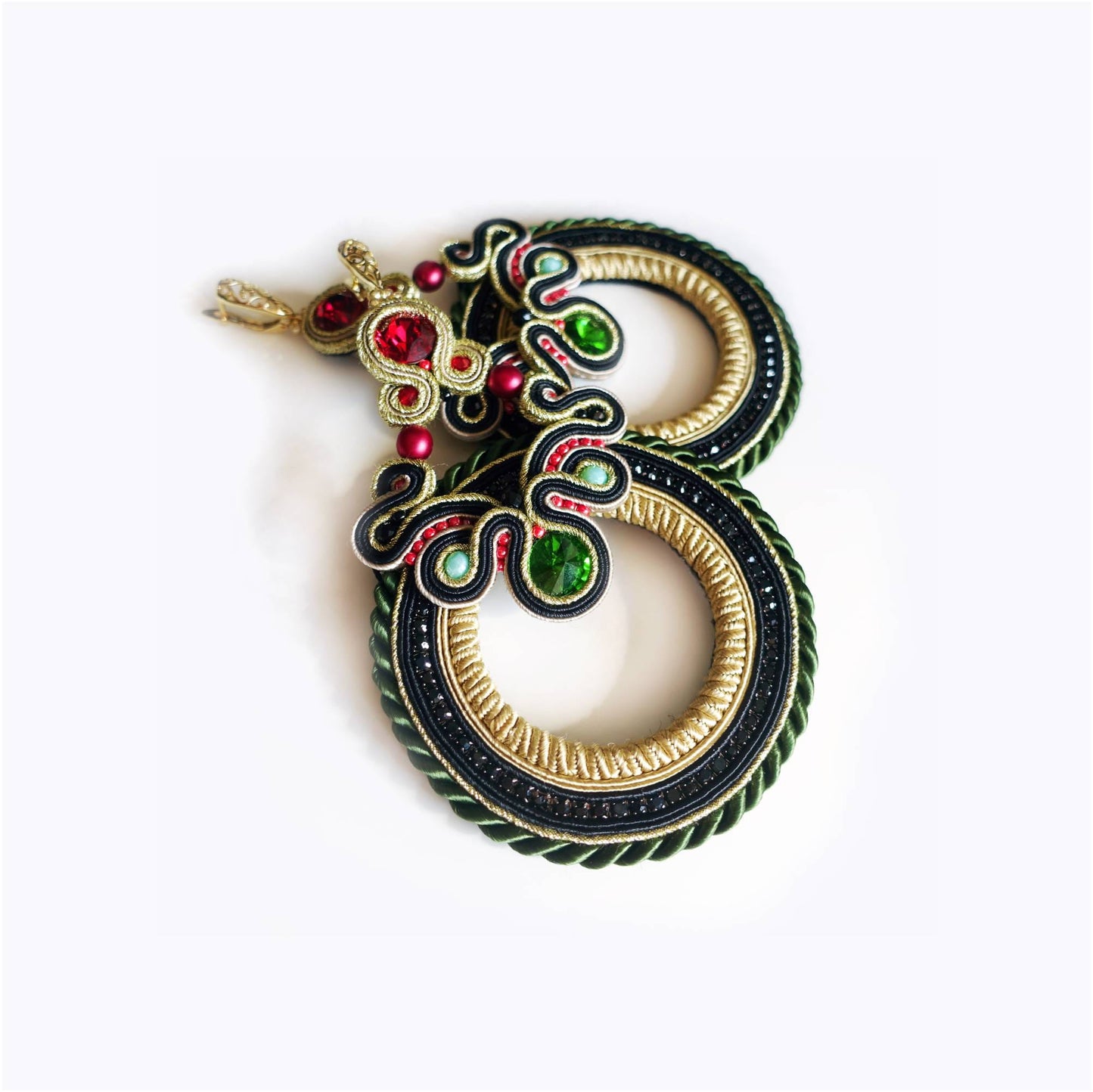 Folk Ethno earrings soutache large hoops with crystals, 134 Polka