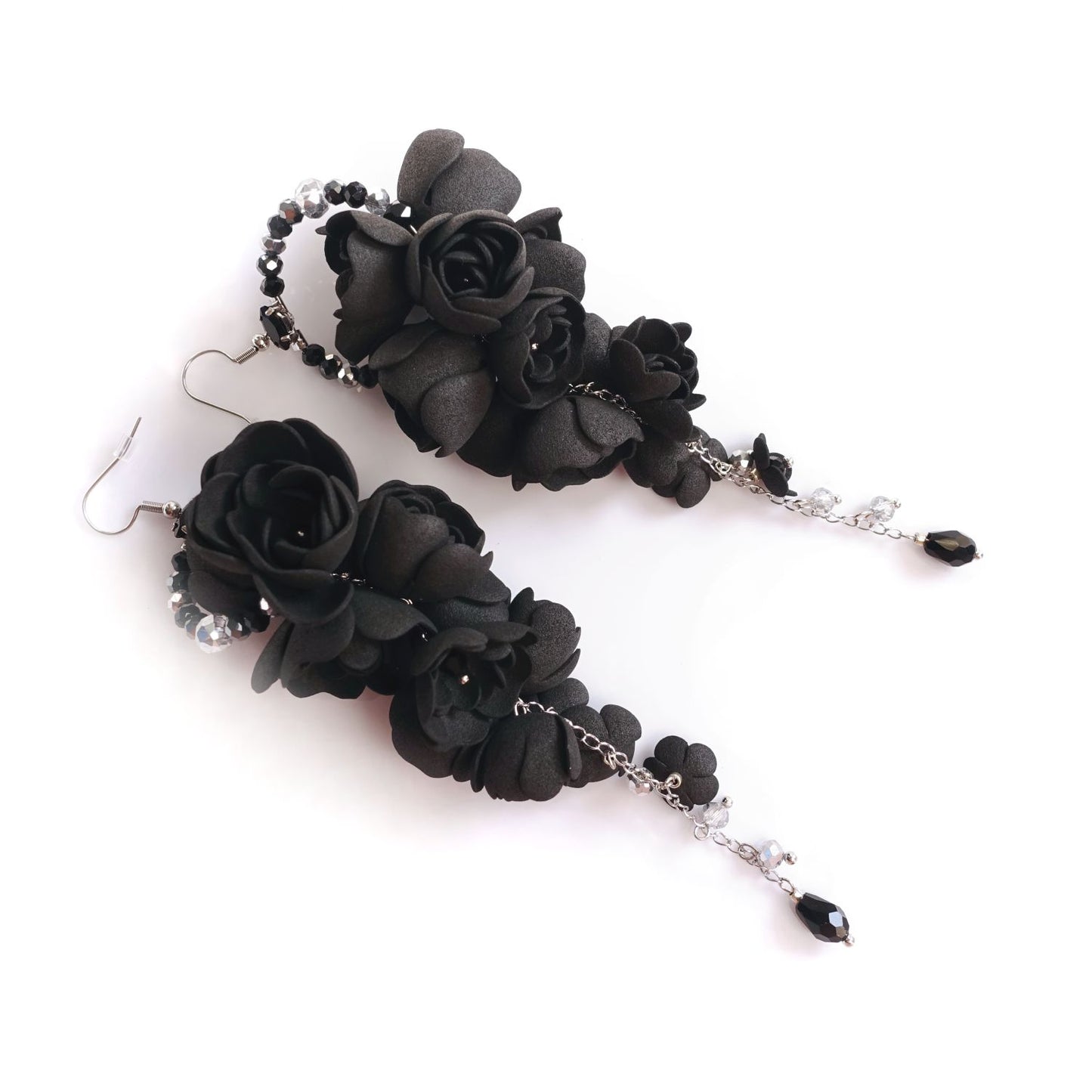 Long black grape flower earrings on a gold chain 861 Black Grapes