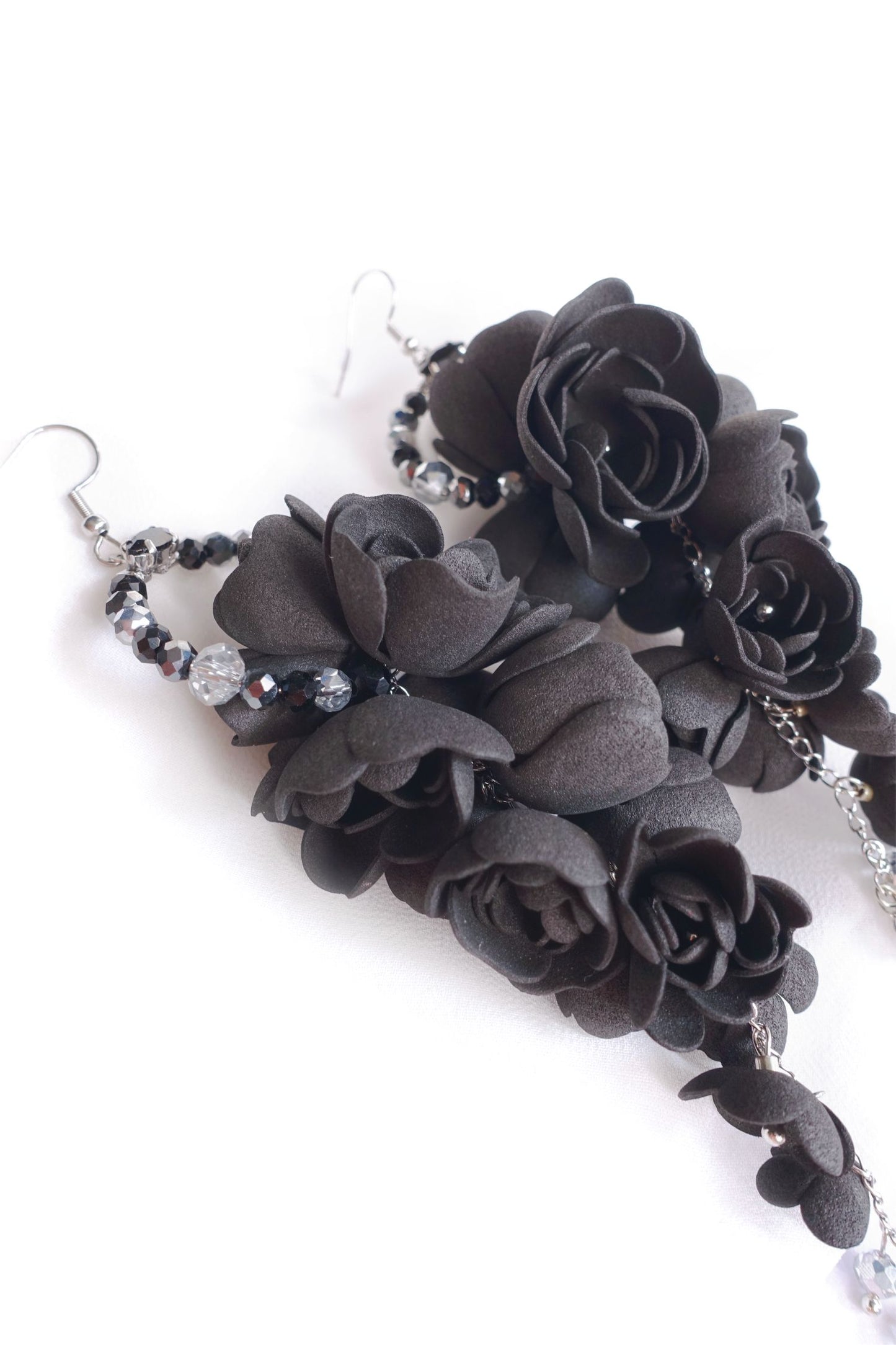 Long black grape flower earrings on a gold chain 861 Black Grapes