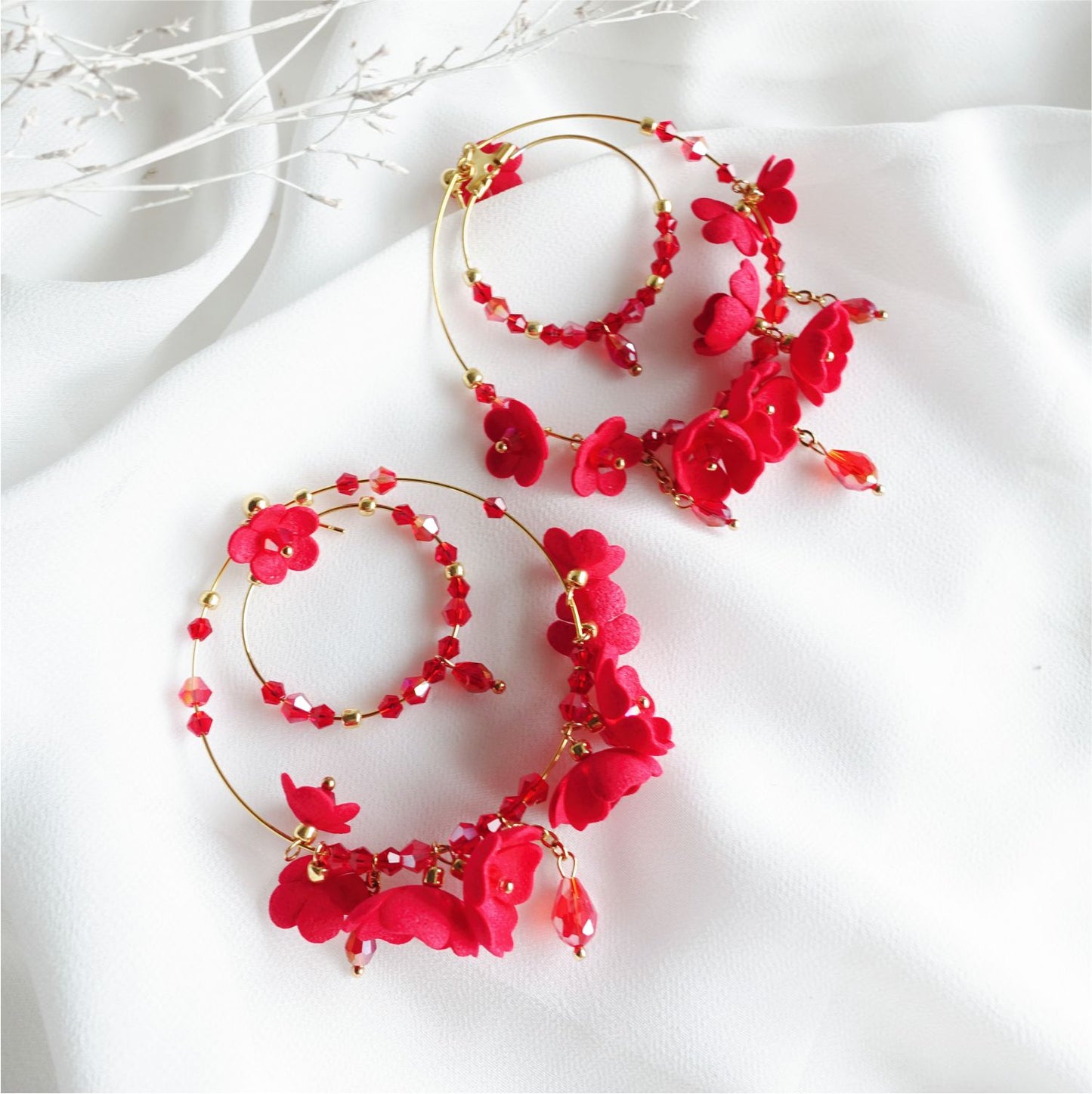 Red flower earrings on gold hoops 870 Red Hoop