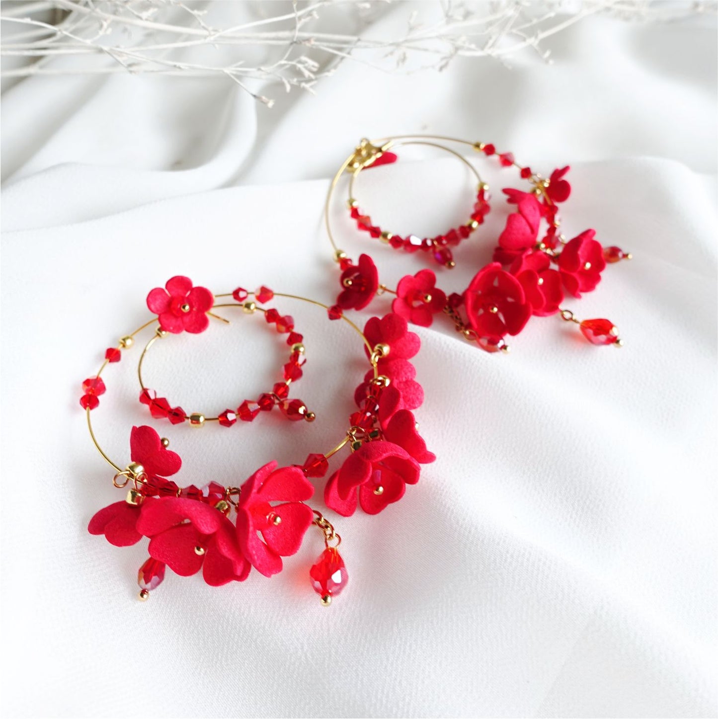 Red flower earrings on gold hoops 870 Red Hoop