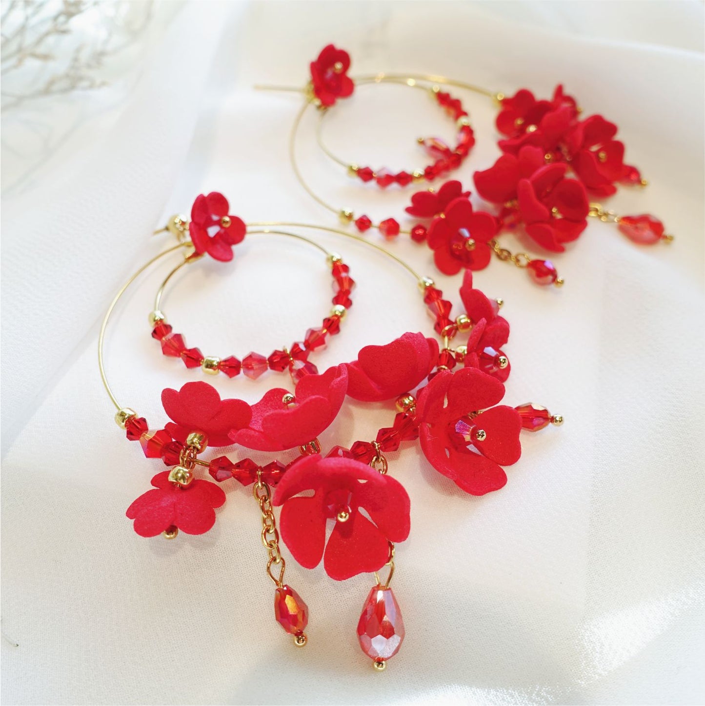 Red flower earrings on gold hoops 870 Red Hoop