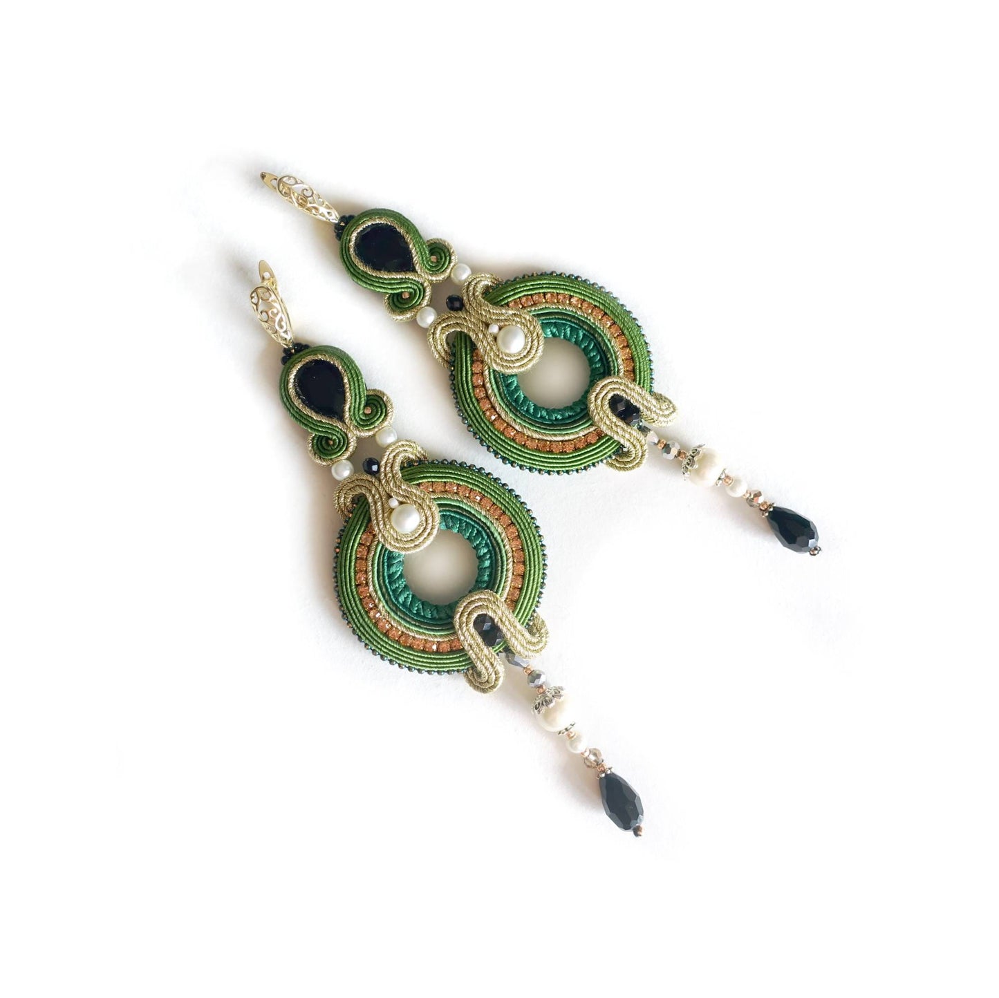 Green Soutache Hoop Earrings with Pearls and Crystals, 301 Green Gold