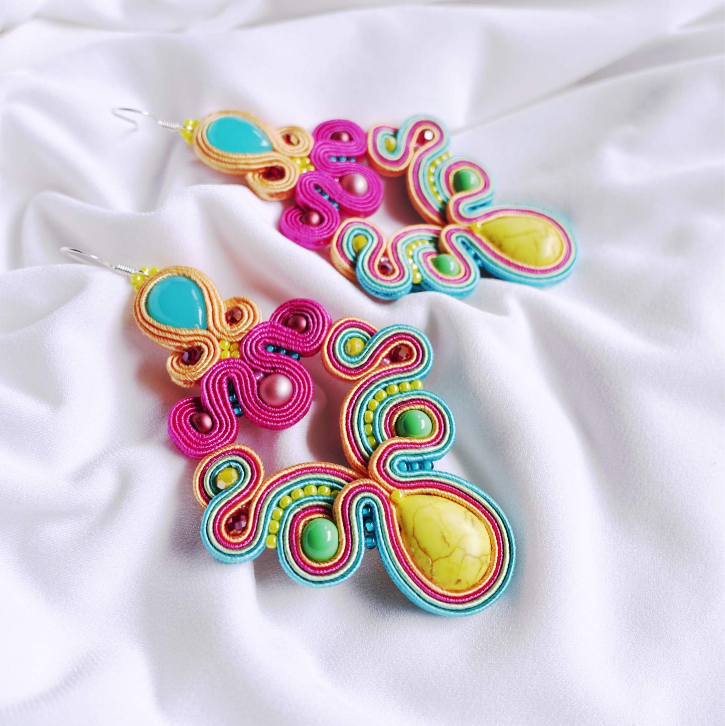 Colorful soutache earrings with howlites, 129 Rainbow