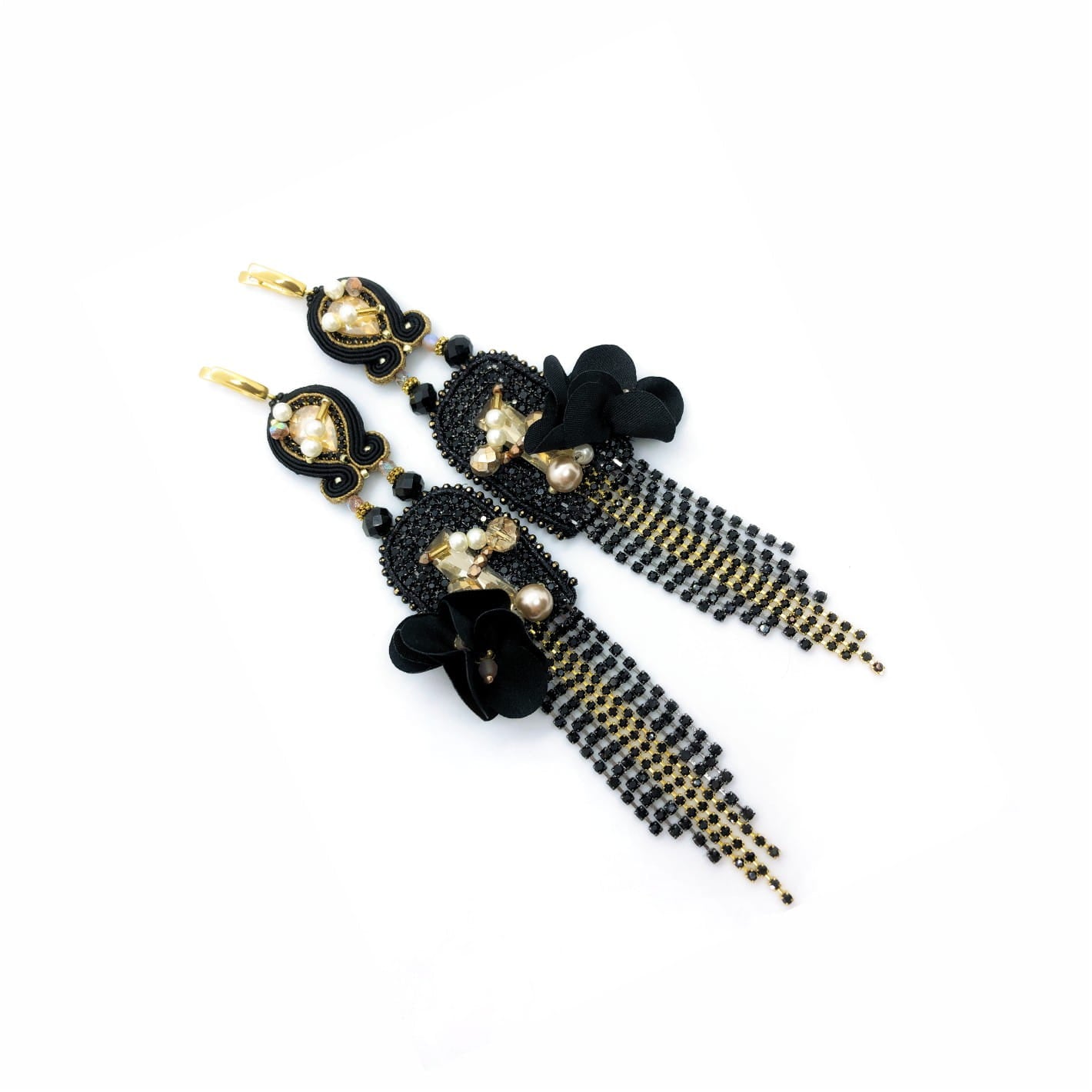 Black gold earrings zircon ribbon black flowers, 401 Queen