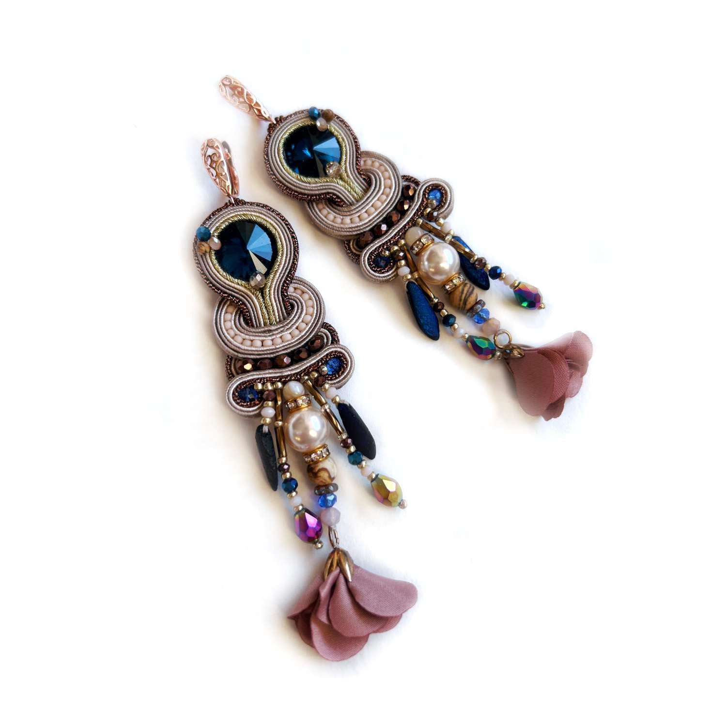 Pendientes de soutache azul beige con flecos 117 Dubai II