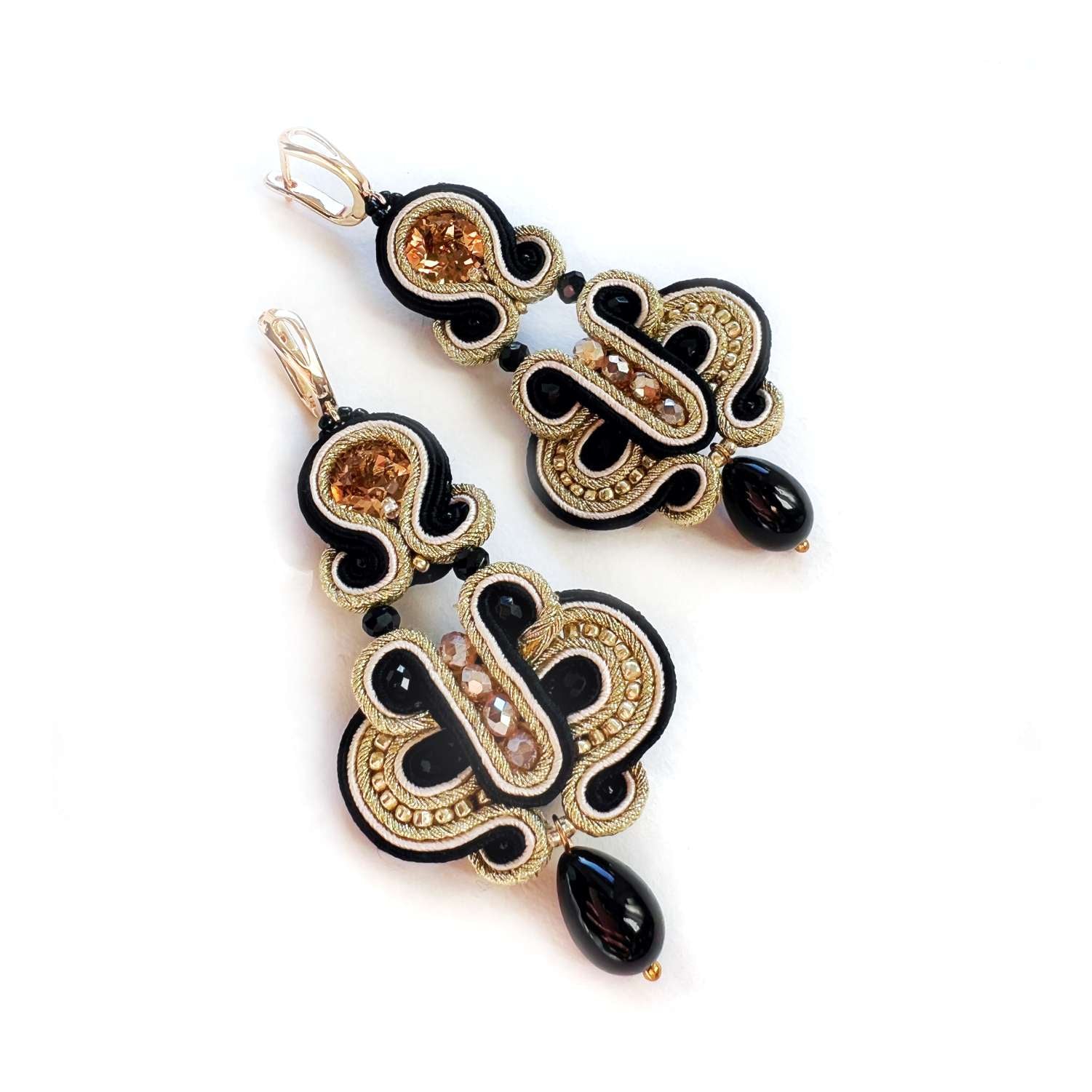 Black gold evening earrings soutache with crystals 211 BlackGold