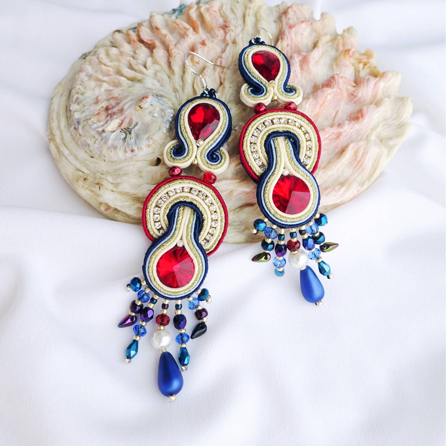 Pendientes de soutache rojo azul con cristales 115 Thara