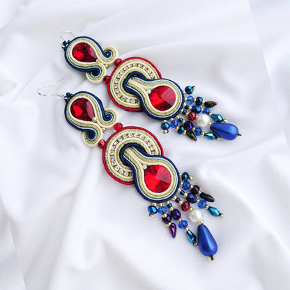 Pendientes de soutache rojo azul con cristales 115 Thara