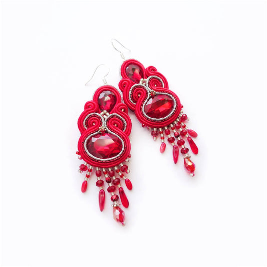 Red soutache earrings with crystals 407 Marshal Silver