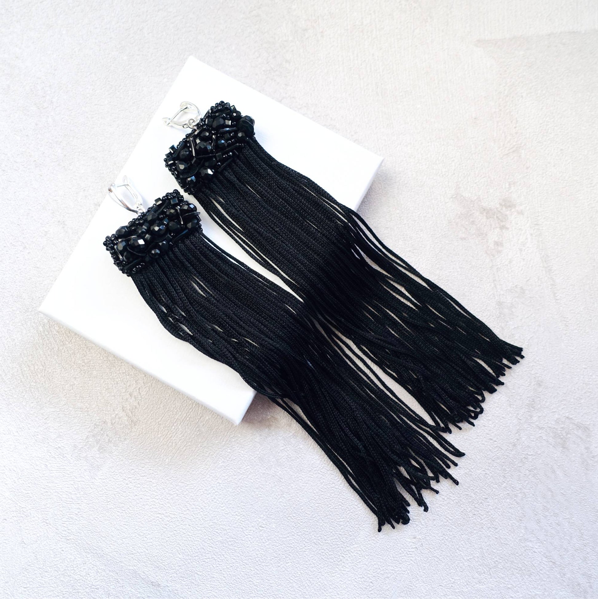 Long black handmade earrings with tassels 507 Black