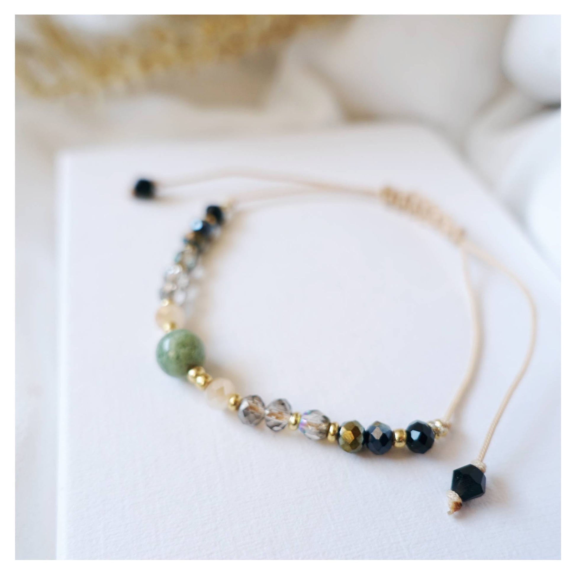 Pulsera de hilo con piedras naturales, ágata verde, TD9130