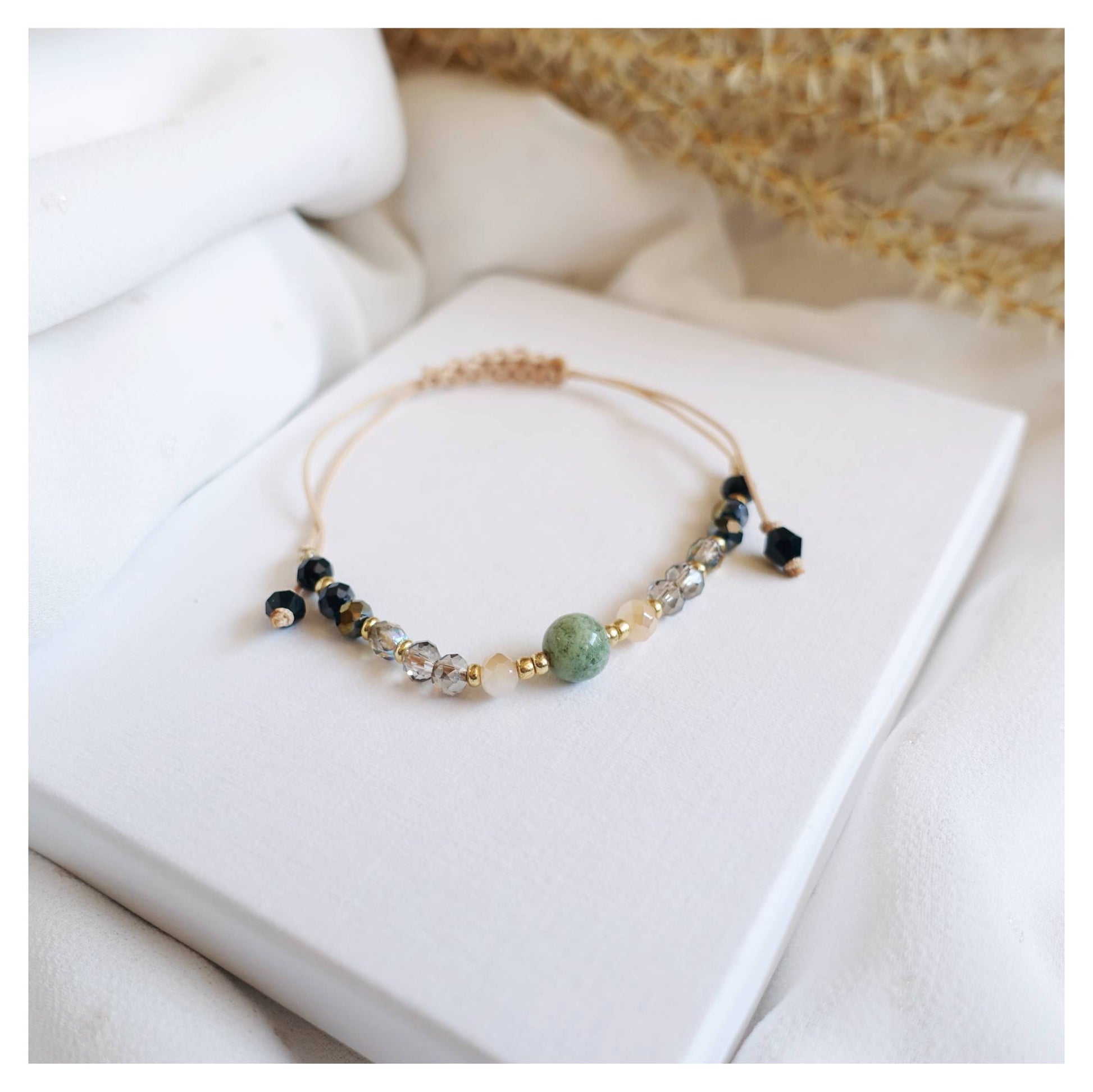 Pulsera de hilo con piedras naturales, ágata verde, TD9130
