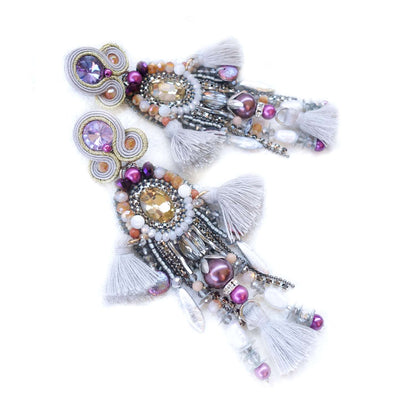 Pendientes de soutache morado de plata con jadeítas y flecos, 411 Ramala