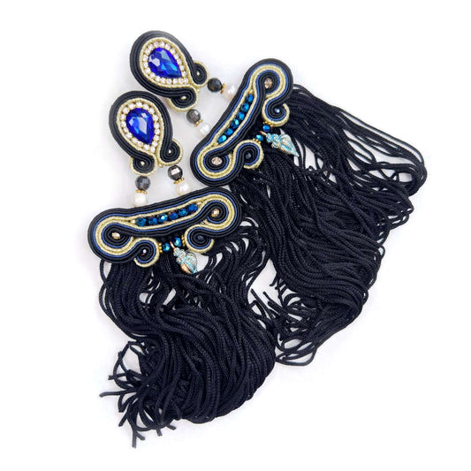 Black and blue soutache earrings with tassels, 304 Luiza