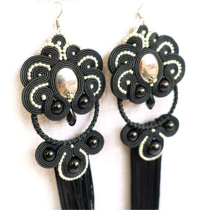 Black long soutache earrings with tassels 141 Momments