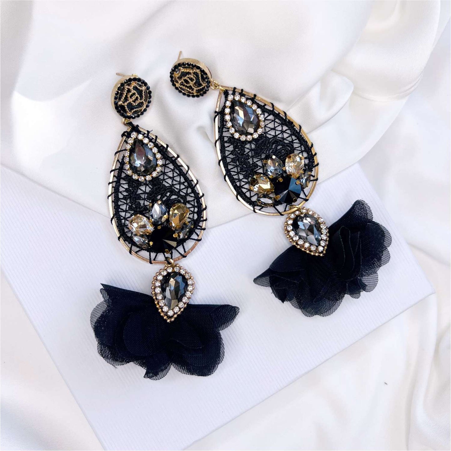 Black lace earrings with flowers and crystals 508 BlackLady dream catchers