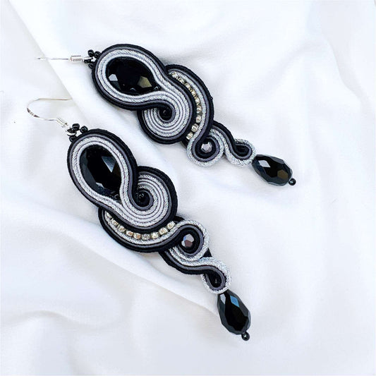 Black and silver delicate soutache earrings 18 Medusa Black