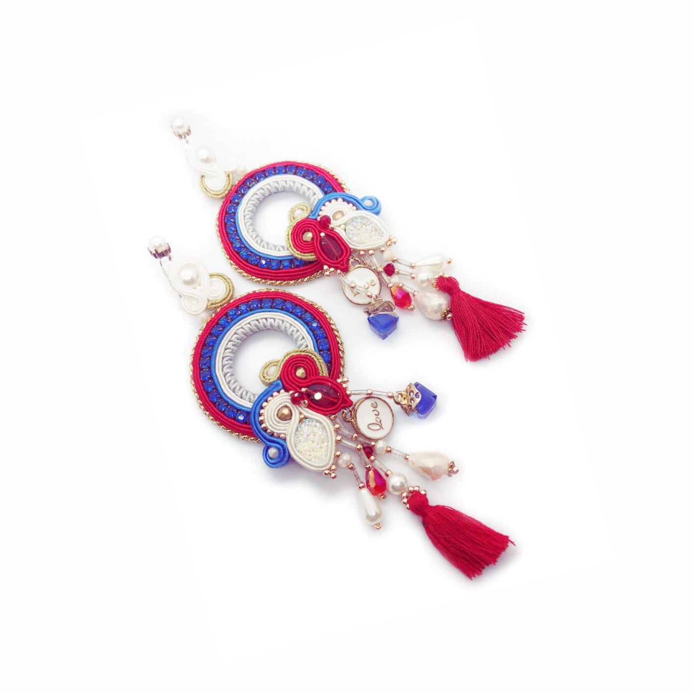 Red and blue soutache hoop earrings with fringes 195 Saddi