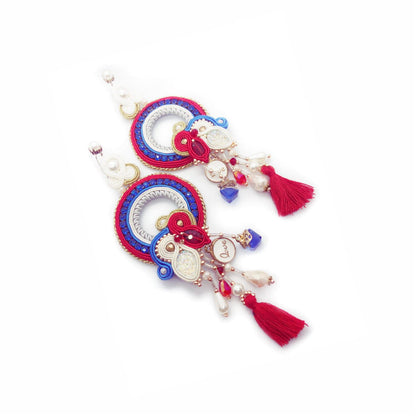 Red and blue soutache hoop earrings with fringes 195 Saddi