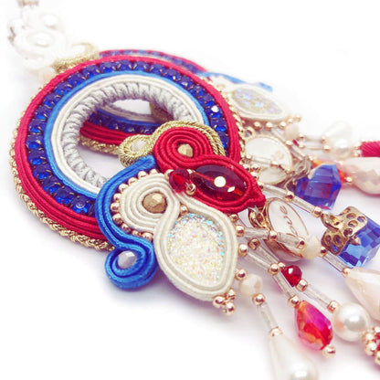 Red and blue soutache hoop earrings with fringes 195 Saddi