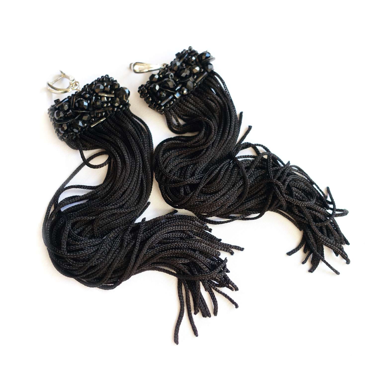 Long black handmade earrings with tassels 507 Black