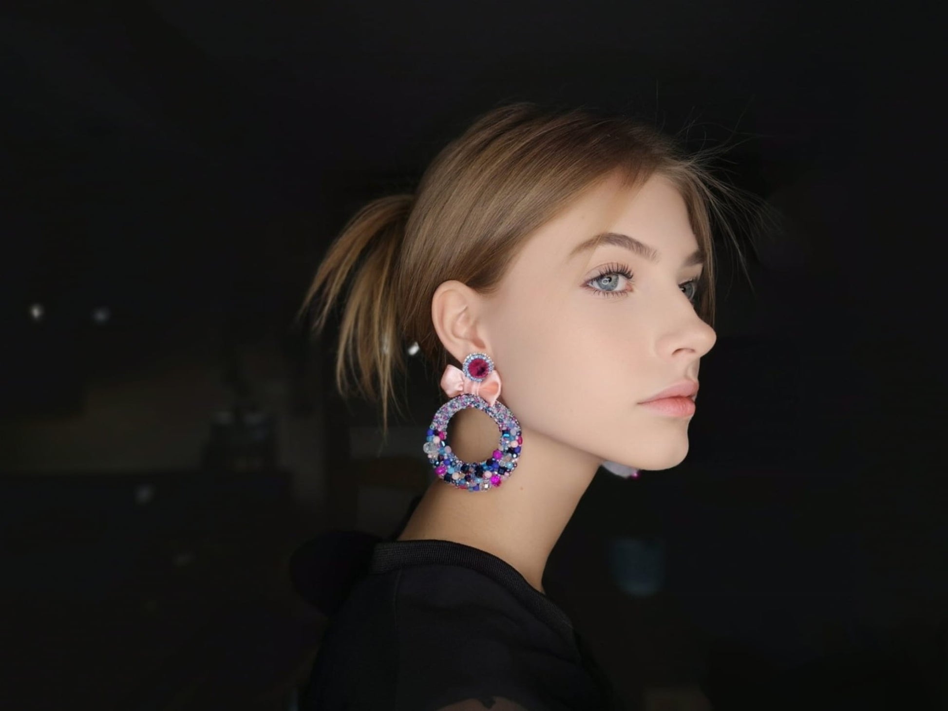 Colorful earrings with crystals on a hoop with a bow 505 Candy