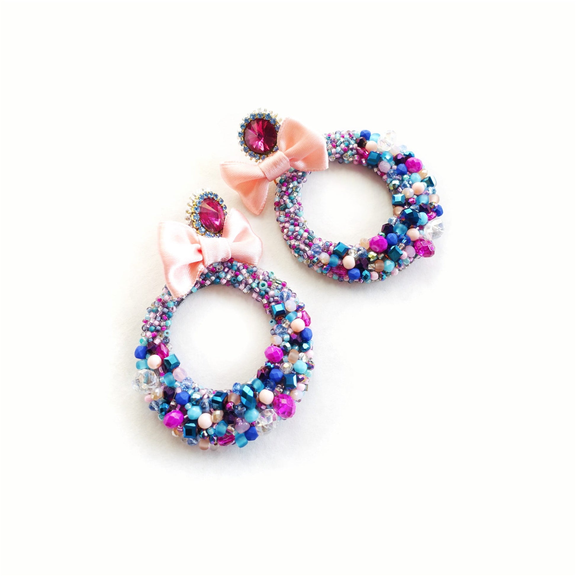 Colorful earrings with crystals on a hoop with a bow 505 Candy