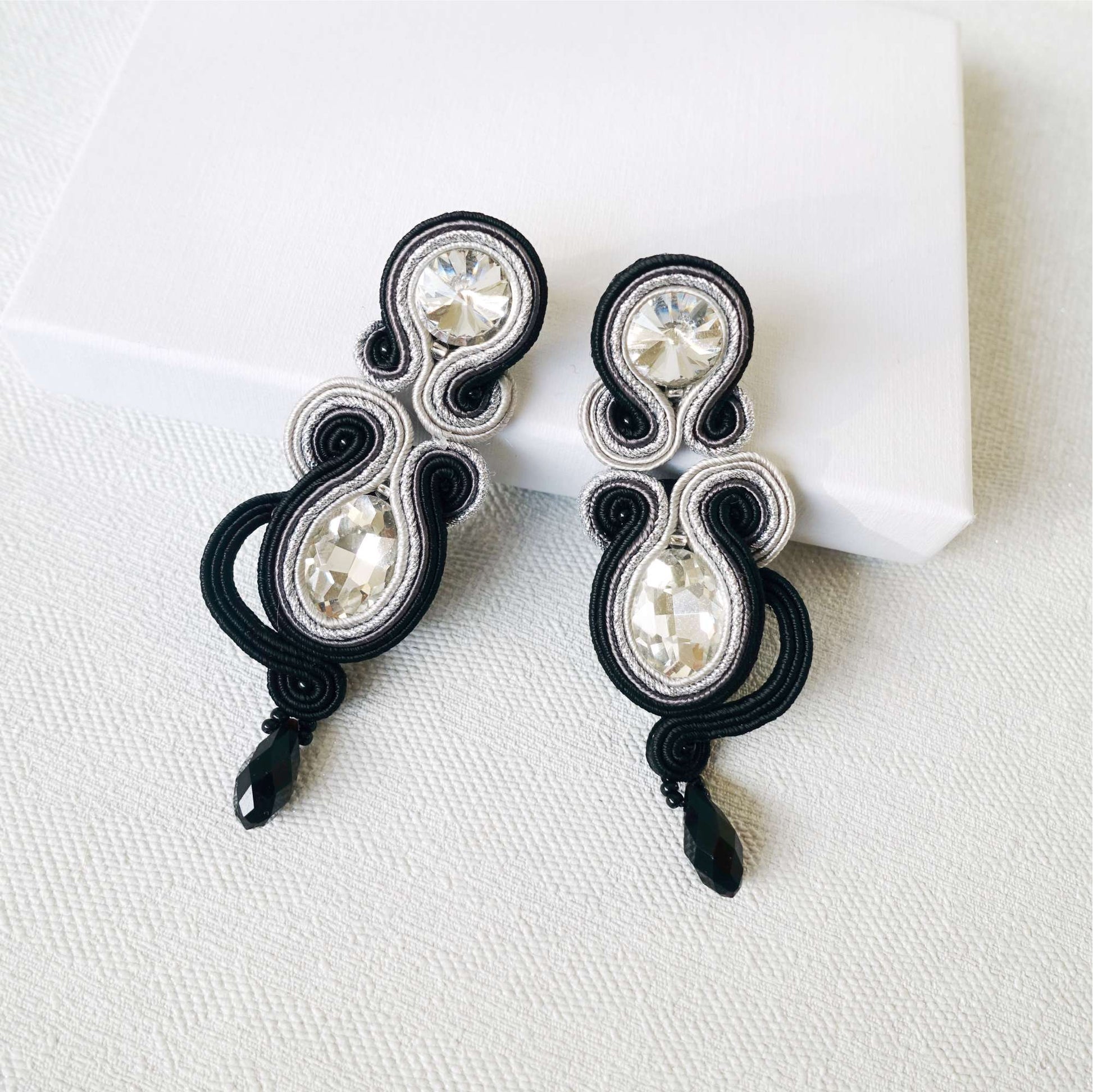 Pendientes de soutache de plata negra con cristales 21 BlackSilver