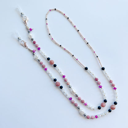 Pink glasses chain with natural stones onyx, rhodonite, agate, LadyPink EGC516