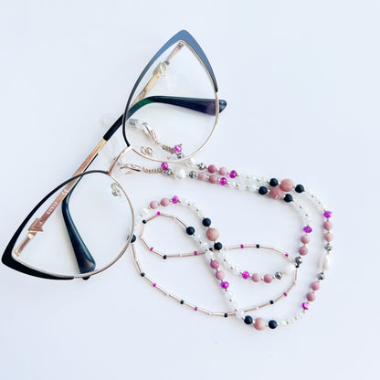 Pink glasses chain with natural stones onyx, rhodonite, agate, LadyPink EGC516
