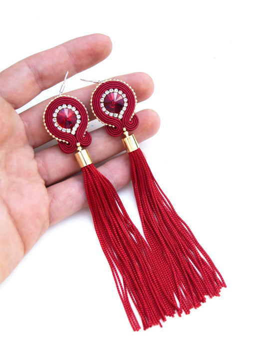 Red soutache earrings with fringes 50 Marshall