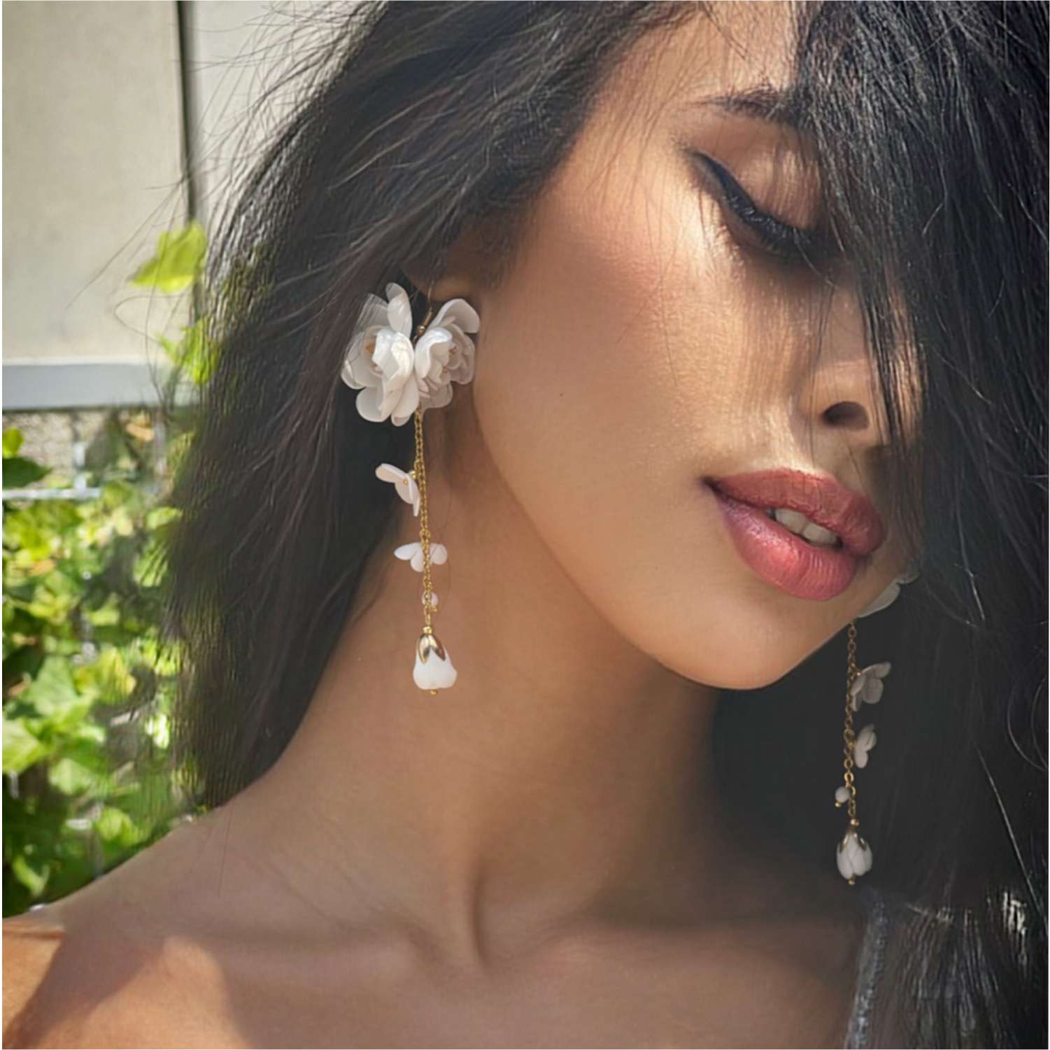 White flower earrings on a gold chain 855 White Gardenia
