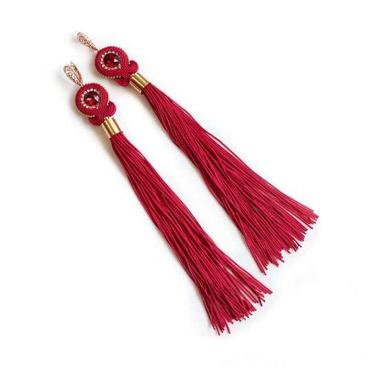 Red long soutache earrings with fringes 50 Marshall II