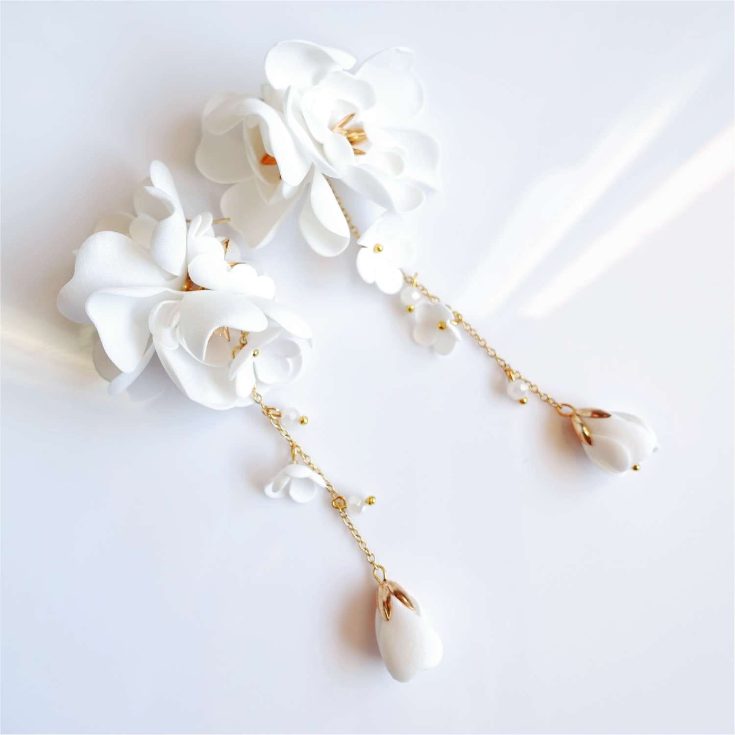 White flower earrings on a gold chain 855 White Gardenia