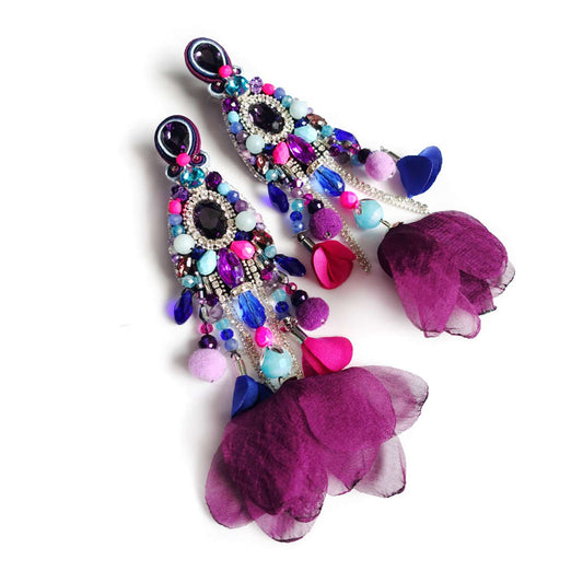 Purple earrings with amethyst, tourmaline, zircon and pompoms 411 PurpleCandy