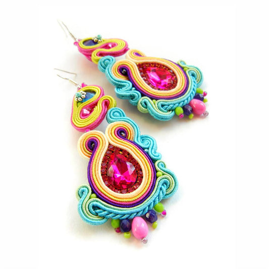 Colorful summer earrings soutache with crystals 183 Lover