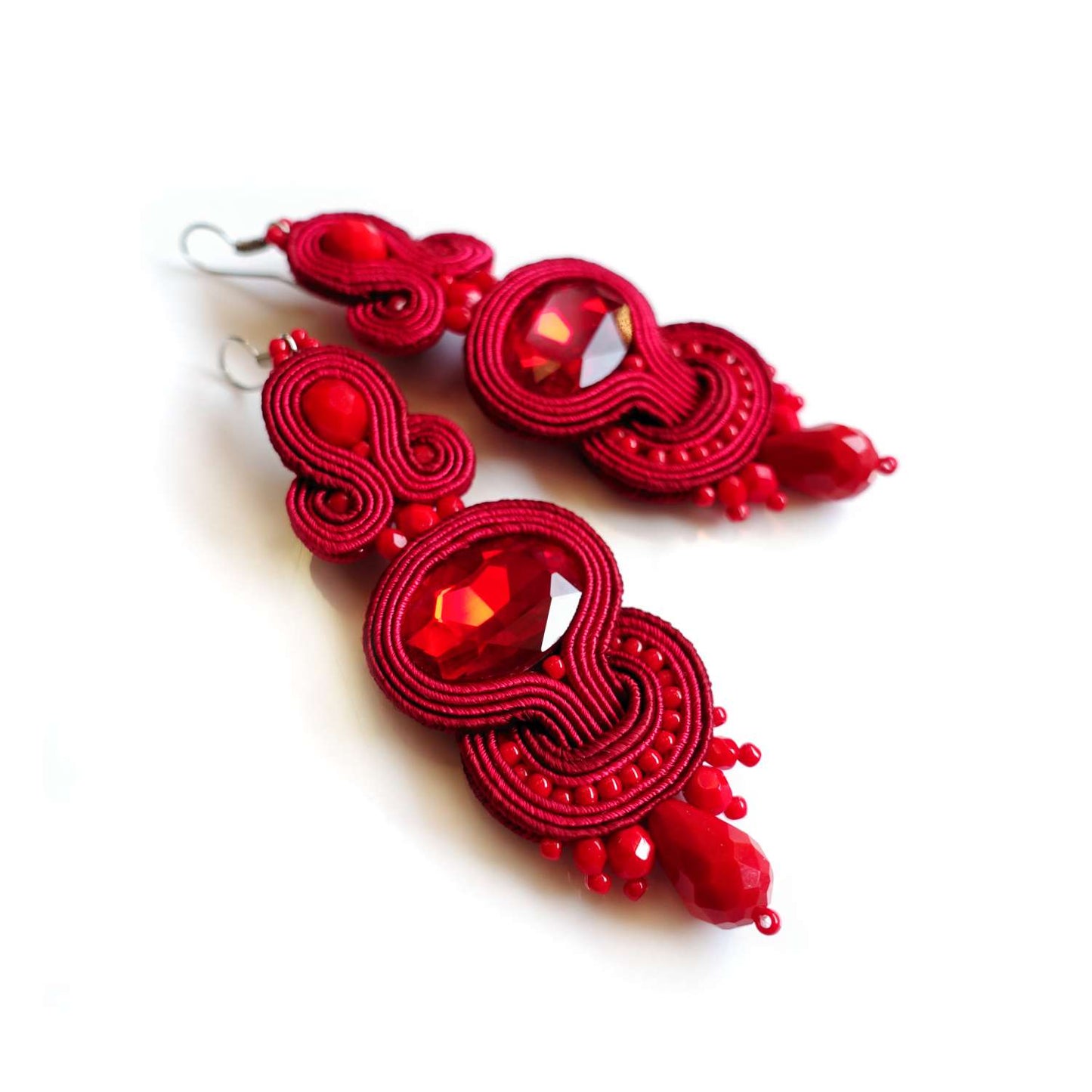 Red soutache earrings with crystals 115 Marshal