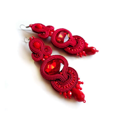 Red soutache earrings with crystals 115 Marshal