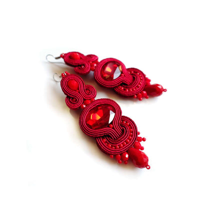 Red soutache earrings with crystals 115 Marshal