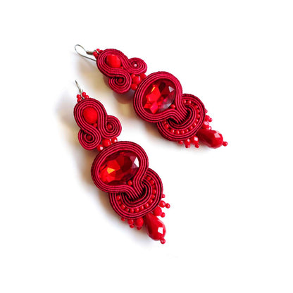 Red soutache earrings with crystals 115 Marshal