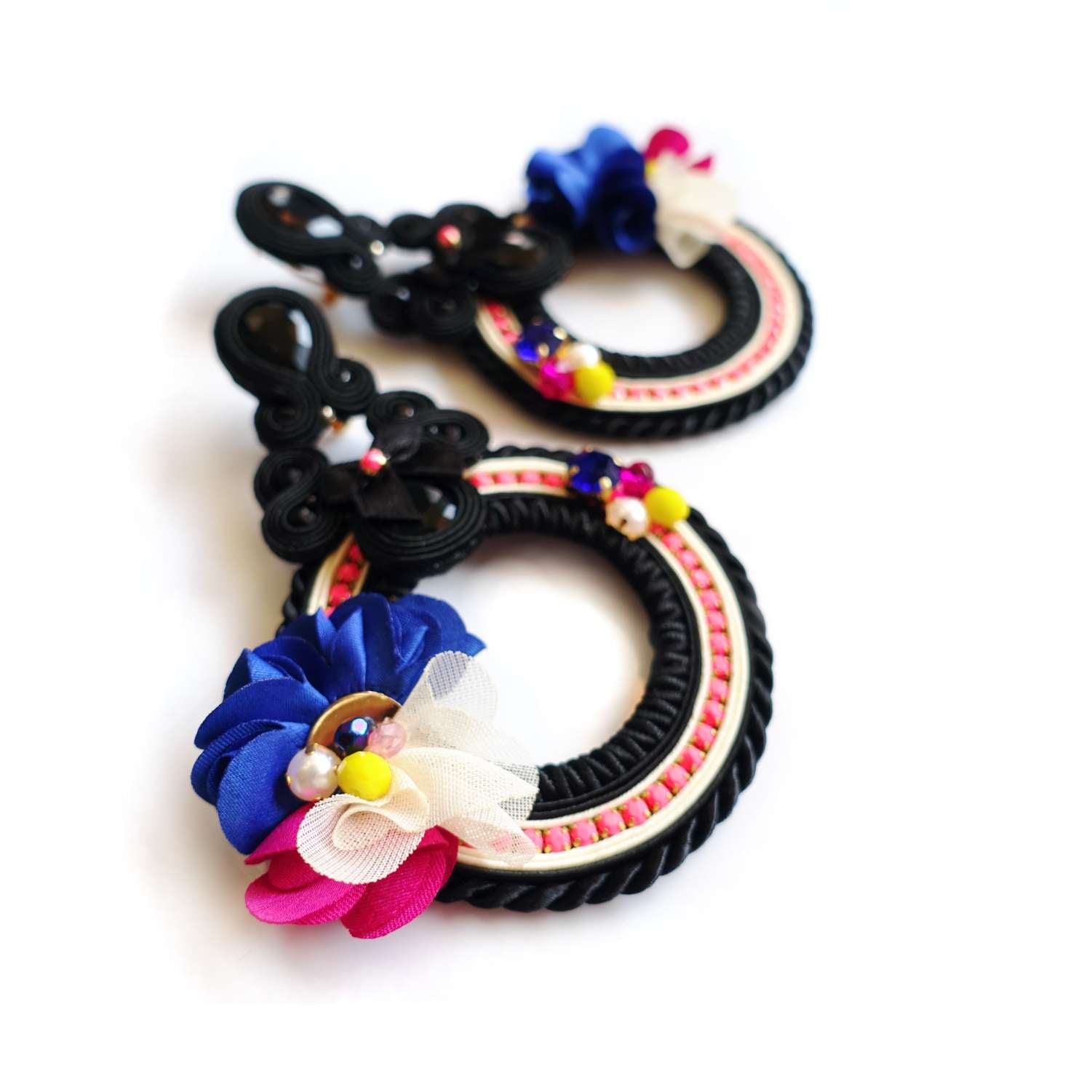 Black neon soutache earrings with flowers 130 NeonFolk