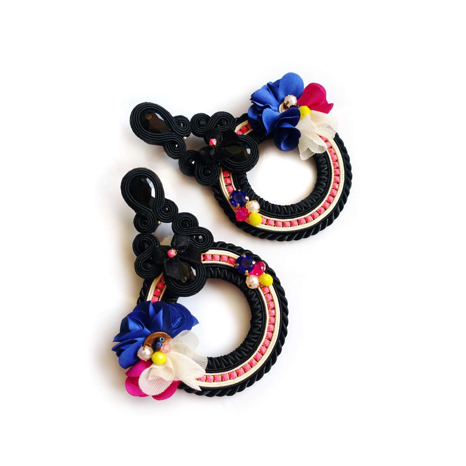 Black neon soutache earrings with flowers 130 NeonFolk