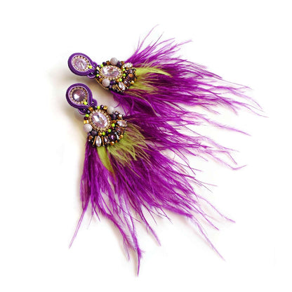 Purple feather earrings with jasper, amethyst, zircon 450 PurpleBird
