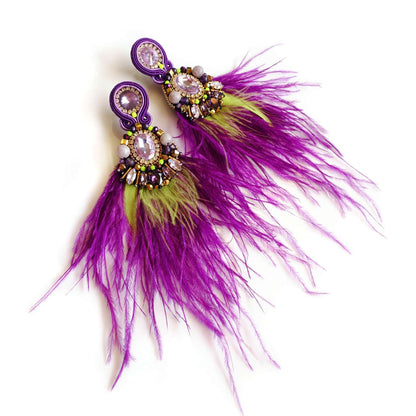 Purple feather earrings with jasper, amethyst, zircon 450 PurpleBird